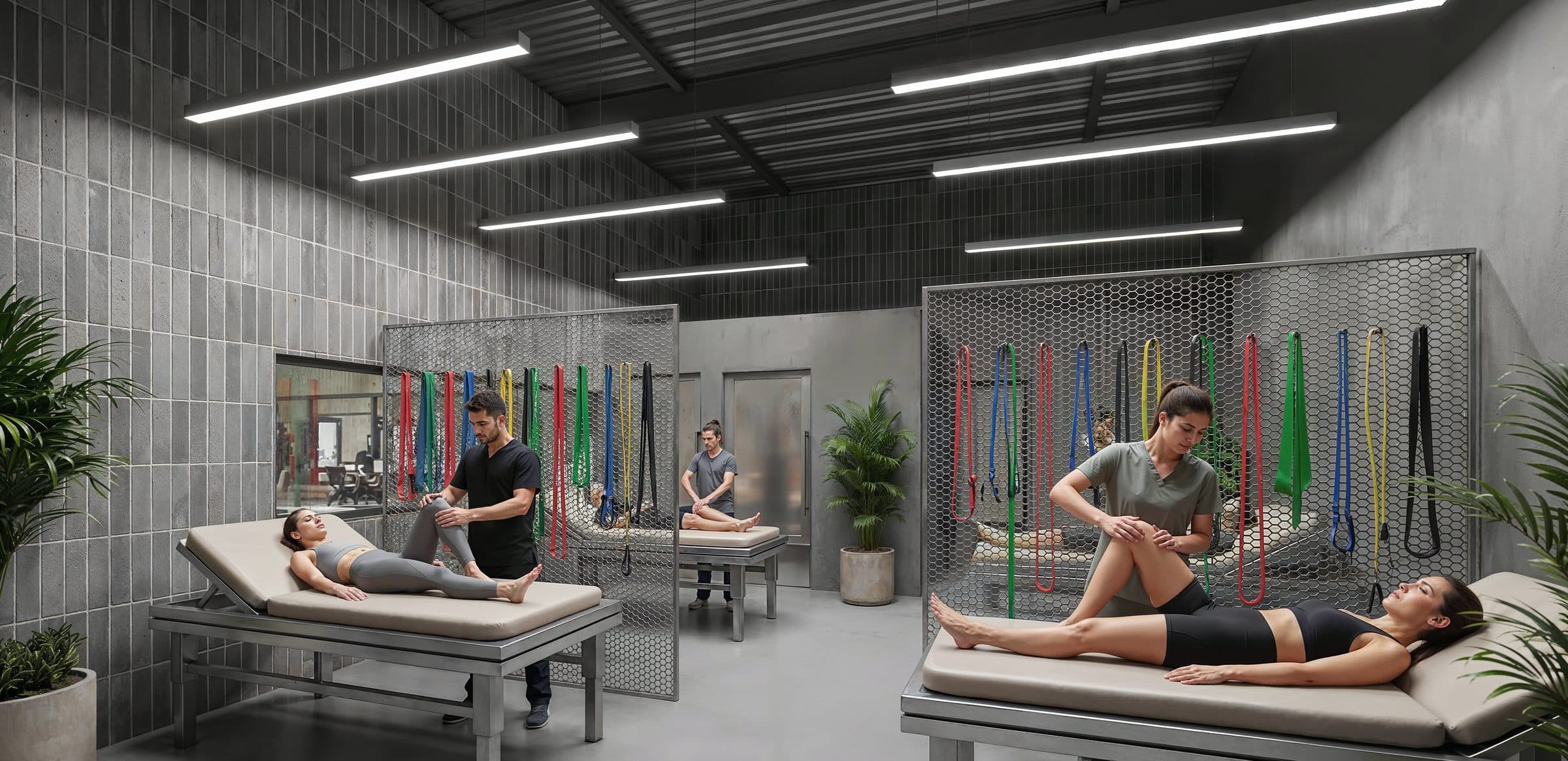 Sala de fisioterapia con camillas y bandas de rehabilitación
